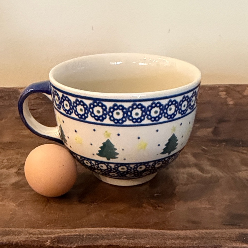 Festive Blue and White Mug with Christmas Tree Design